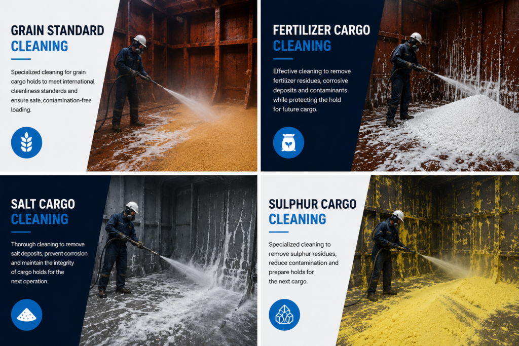 Specialized cargo hold cleaning services for grain, fertilizer, salt and sulphur cargo using professional marine cleaning techniques at major Indian ports.