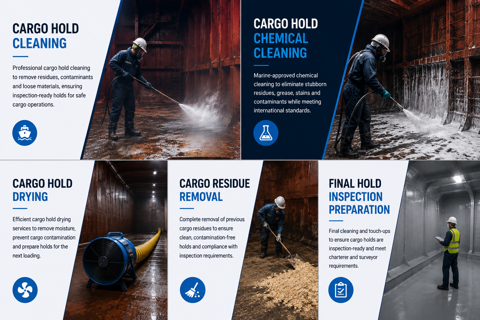 Professional cargo hold cleaning services using high-pressure cleaning equipment to prepare inspection-ready vessels at major Indian ports.